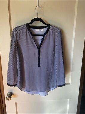 Cato Black and White Striped Long-Sleeve Henley Blouse